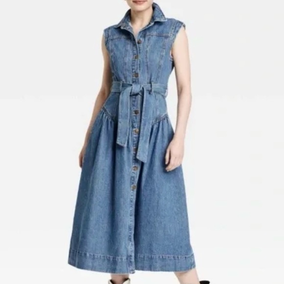 Womens Tie Waist Button Up Sleeveless Denim Midi Dress Size 14 Universal Thread - Picture 1 of 16